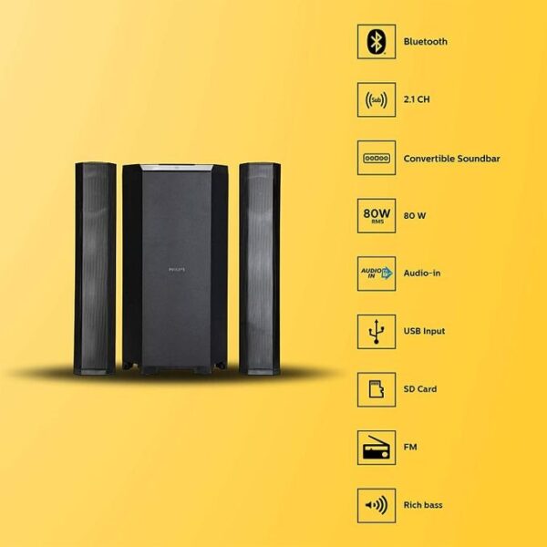 Philips Audio Mms8085B/94 2.1 80W Usb Multimedia. Soundbar And Multi-Connectivity